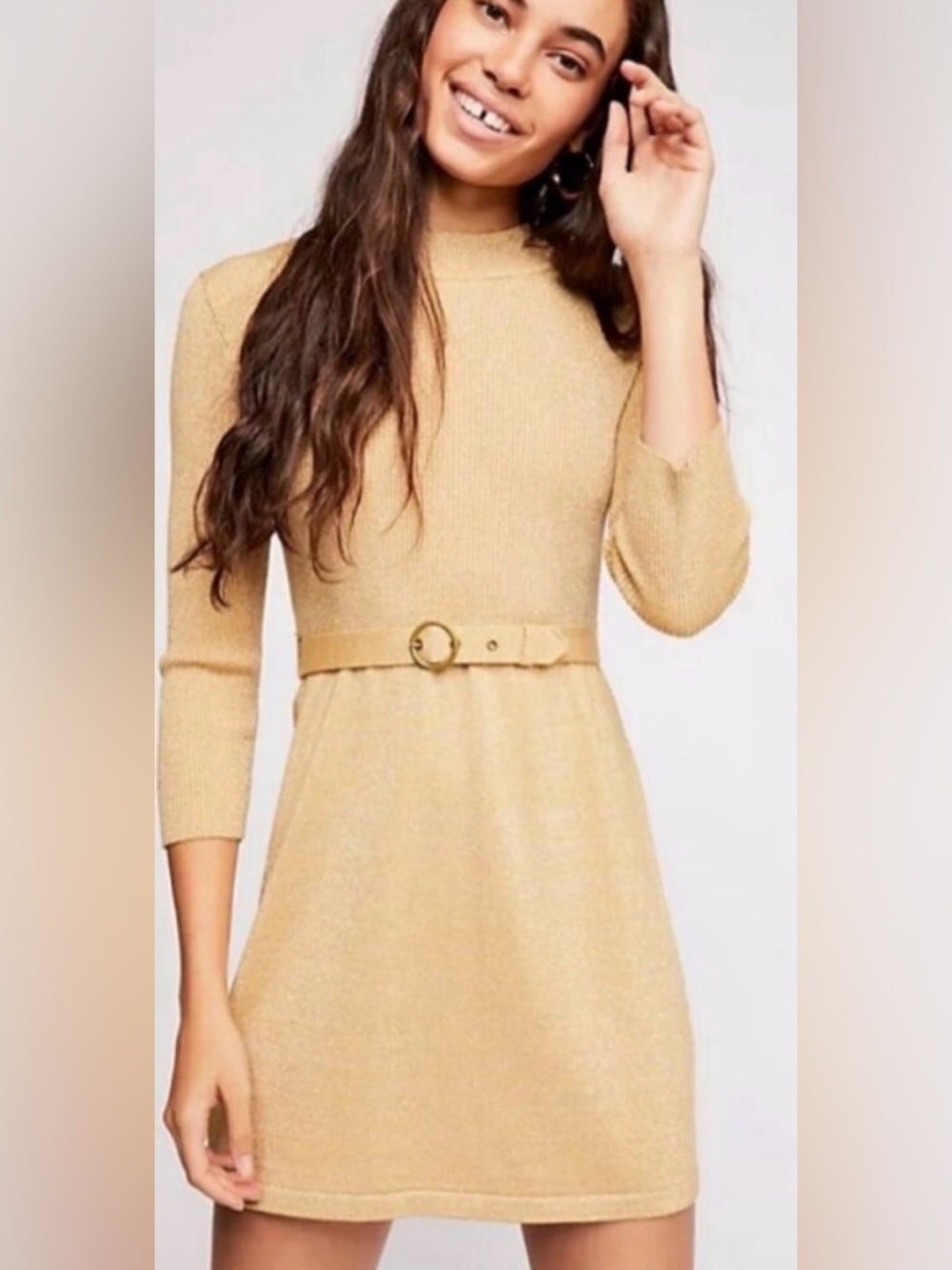Free People Metallic Gold French Girl Mini Dress Belted 3/4 Sleeve Small
